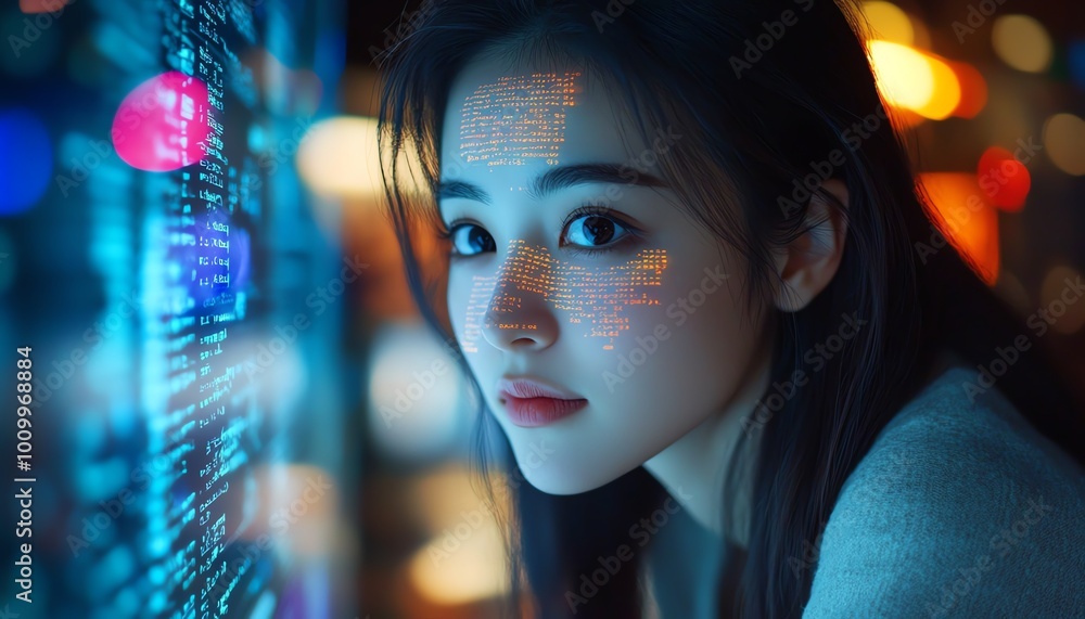 Aufkleber asian female entrepreneur in startup scene working on computer, code projected on face, developing e