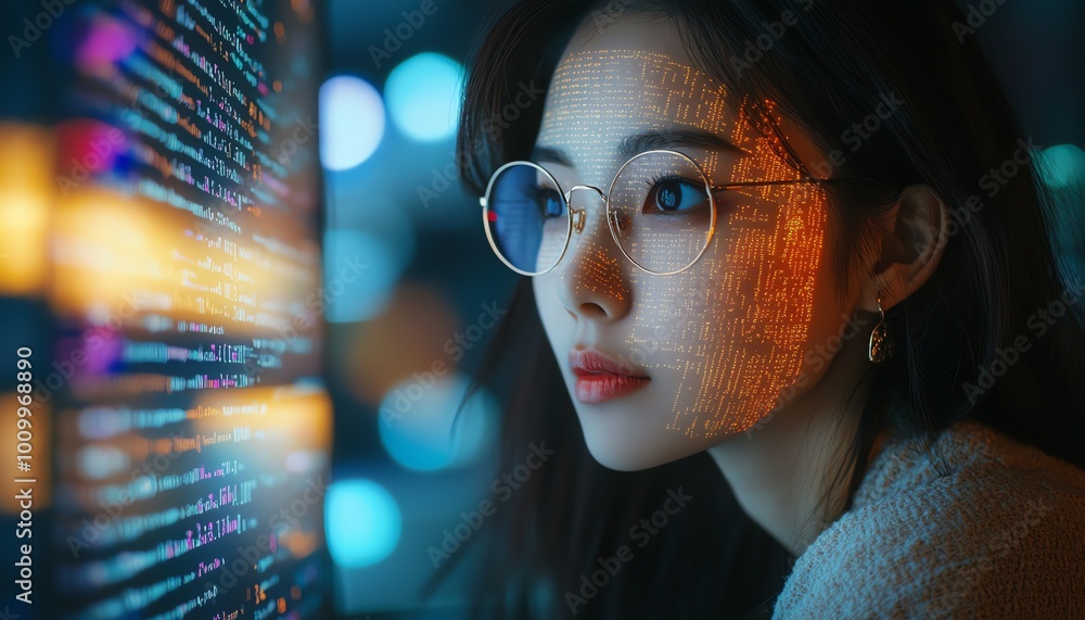 Aufkleber asian female entrepreneur in startup scene working on computer, code projected on face, developing e