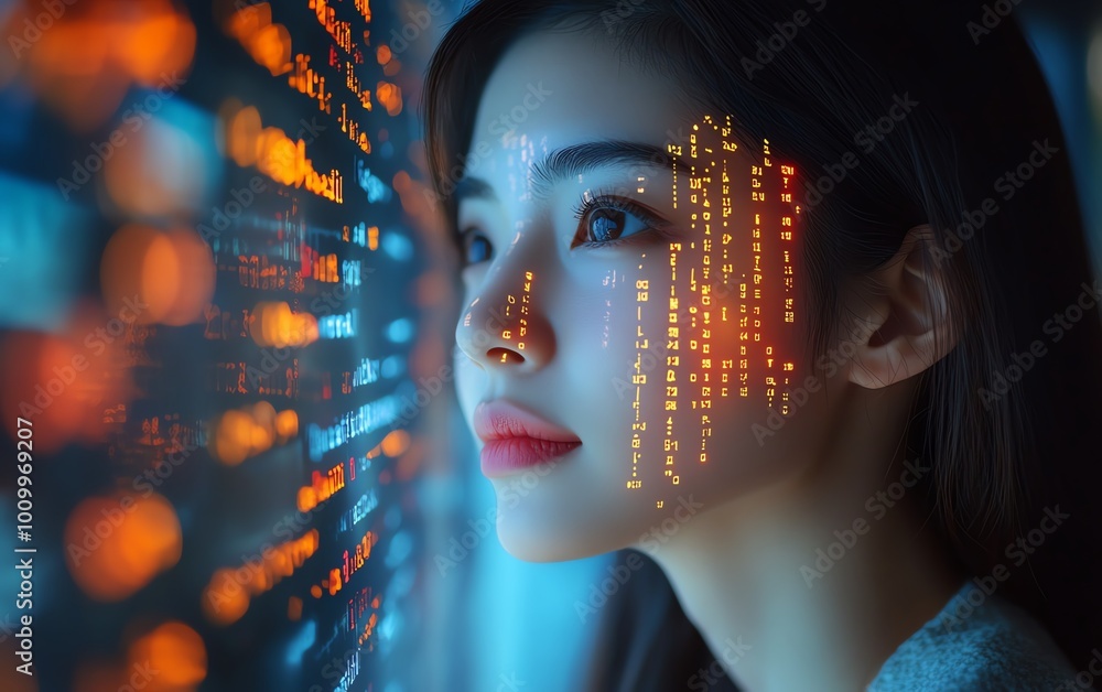 Aufkleber asian female startup founder working on computer code projected on face, developing advanced ecommer