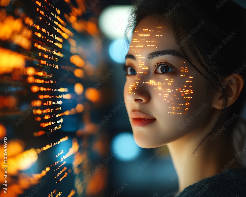Poster Asian Female Software Developer at Work Computer Screen with Code Projected on Face, Innovating eCommerce App Using AI and Big Data