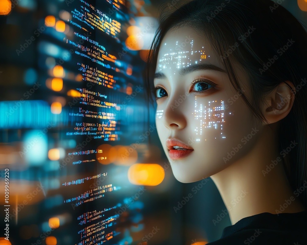 Poster Asian Female Software Developer at Work Computer Screen with Code Projected on Face, Innovating eCommerce App Using AI and Big Data