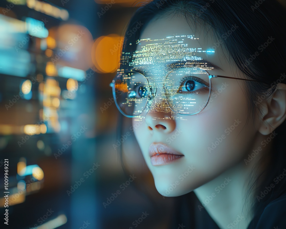 Poster Asian Female Software Developer at Work Computer Screen with Code Projected on Face, Innovating eCommerce App Using AI and Big Data