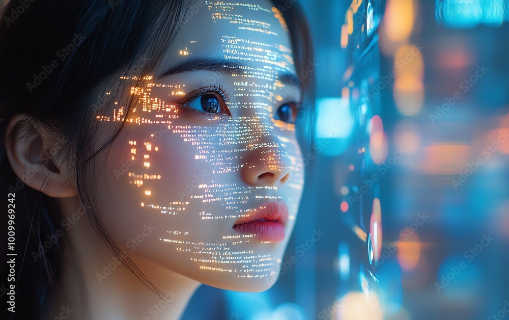 Aufkleber asian female startup founder working on computer code projected on face, developing advanced ecommer