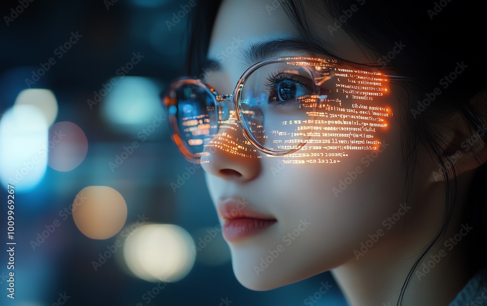 Poster asian female startup founder working on computer code projected on face, developing advanced ecommer