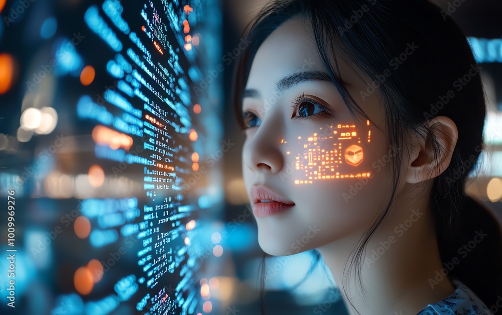 Aufkleber asian female startup founder working on computer code projected on face, developing advanced ecommer