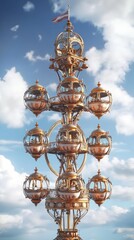 Ornate Golden Structure with Glass Spheres and a Flag