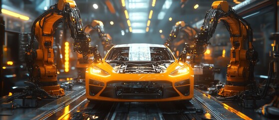 Obraz premium Autonomous Factory Flyover Robotic Arms Assembling Car Frames, AI Precision in Electric Vehicle Production, Cinematic Perspective