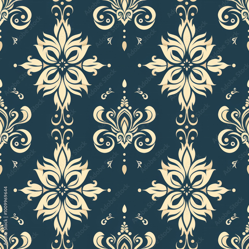 Poster a sophisticated floral pattern showcases intricate cream motifs arranged in a symmetrical design ove