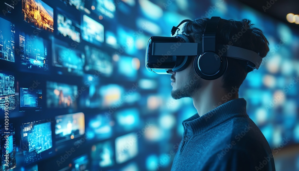 Aufkleber businessman in vr interface exploring content websites, watching streaming services, using social me