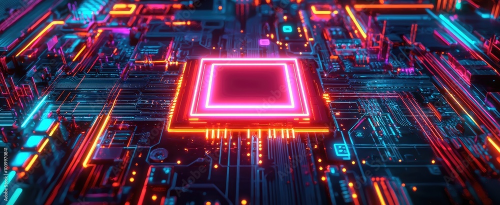 Poster neon-lit circuit board with central processing unit