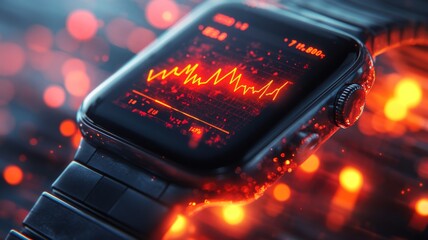 A close-up illustration of a smartwatch displaying a real-time blood sugar reading, with indicators like arrows showing if the levels are stable, rising, or falling