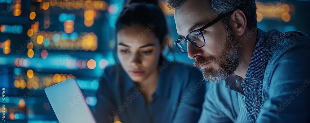 Poster data center tech team multiethnic female system administrator and caucasian male it engineer working