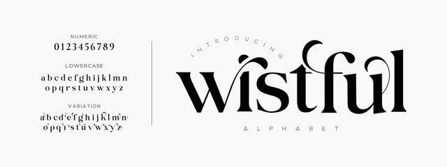 Wistfull typography beauty fashion elegant minimalist serif italic fonts decorative wedding vintage retro logos. Minimal luxury font alphabet logo. Vector illustration
