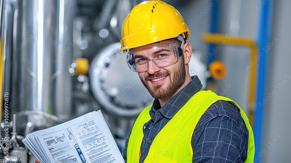 Wall mural safety-compliant industrial worker inspecting machinery with protective gear, copy space for text