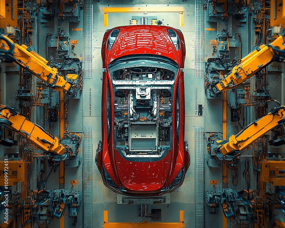 Poster Dynamic Aerial Flyover Through Autonomous Factory Robotic Arms Assembling Car Frames, AI Precision Production, Electric Vehicle Manufacturing, Cinematic Camera Angle
