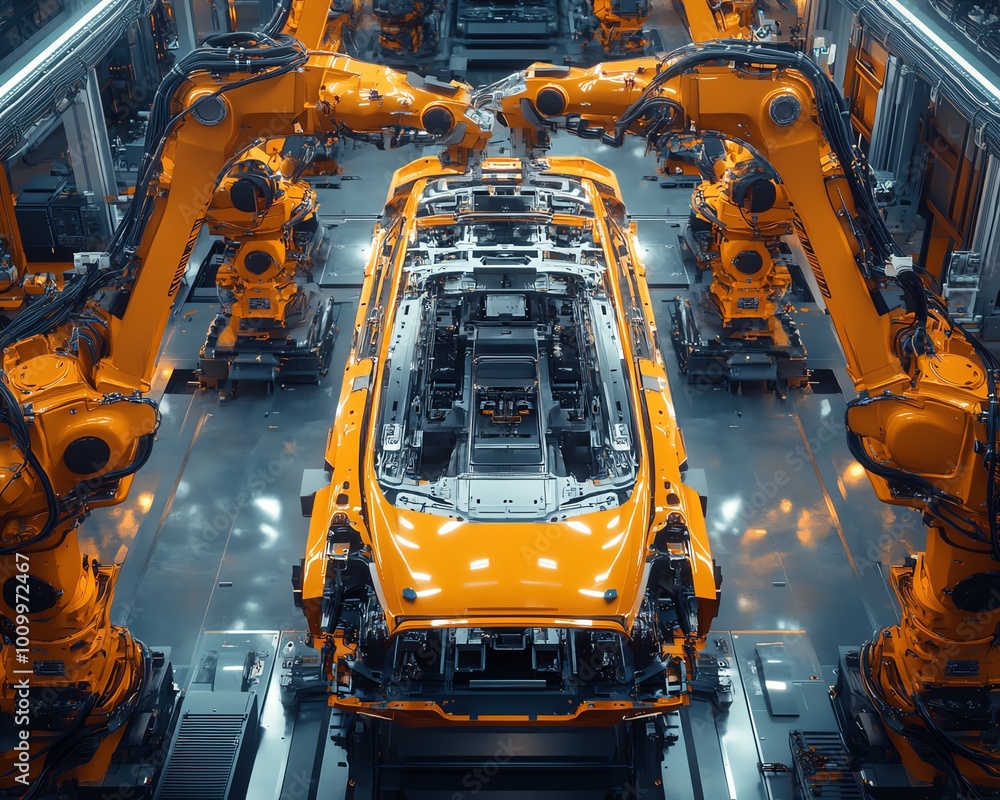 Poster Dynamic Aerial Flyover Through Autonomous Factory Robotic Arms Assembling Car Frames, AI Precision Production, Electric Vehicle Manufacturing, Cinematic Camera Angle