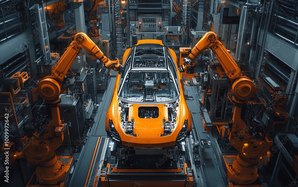 Poster Dynamic Aerial Shot Robotic Arms in Autonomous Factory Assembling Car Frames with AI Precision, Electric Vehicle Manufacturing