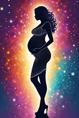 Silhouette of a Pregnant Woman Wearing Sparkle Gown and Heels with Baby Bump, Glitter Abstract Background, Motherhood Art Illustration	