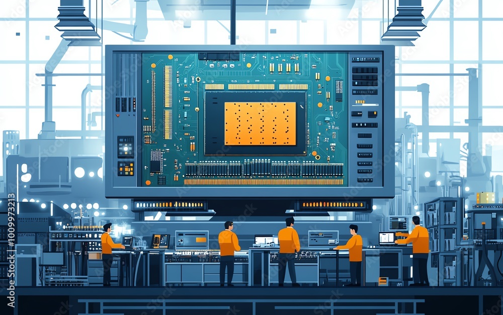 Aufkleber electronics factory office caucasian engineering head presenting microchip motherboard on tv, divers