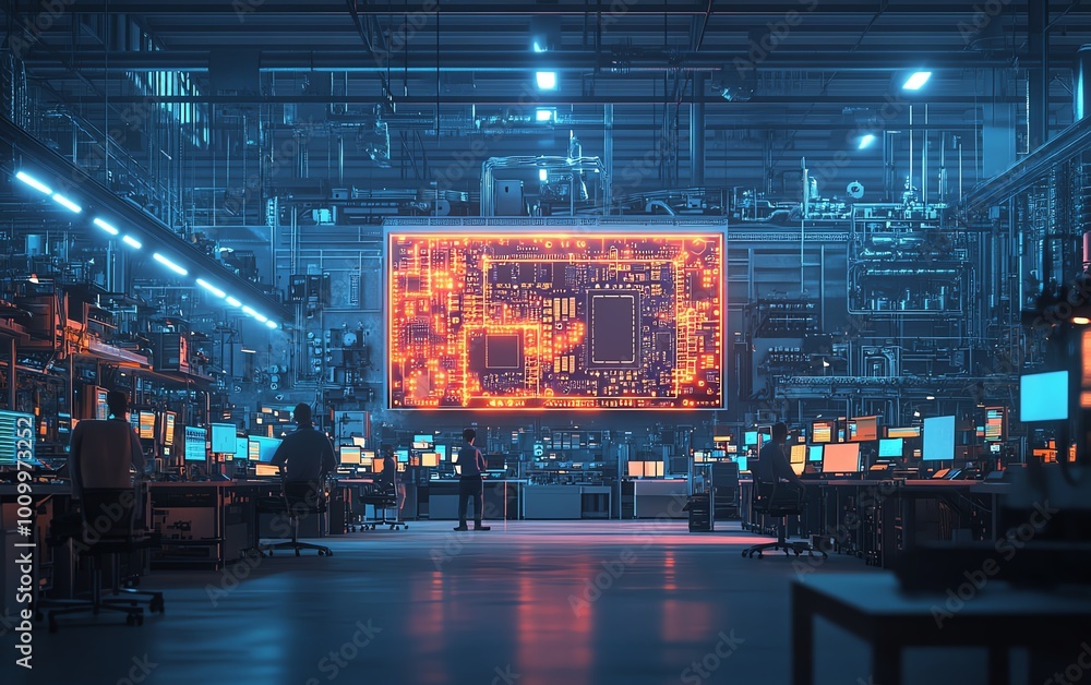 Poster electronics factory office caucasian engineering head presenting microchip motherboard on tv, divers