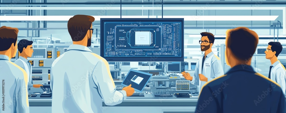 Poster electronics factory presentation caucasian head of engineering displaying new motherboard on tv, div
