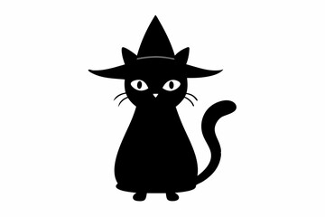 Black silhouette of a cat in witch hat with a Halloween theme. Vector illustration