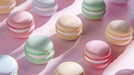 Obraz premium Elegant Pastel Macarons in Various Flavors Displayed on a Soft Pink Background