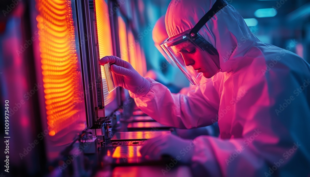 Poster electronics factory semiconductor process two sterilesuited technicians taking out silicon wafer, ad