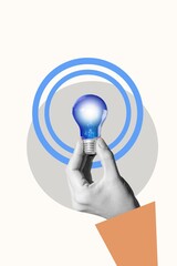 collage  of hand hold bright light bulb