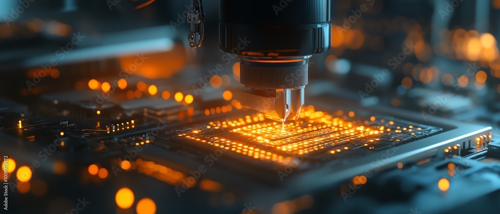 Poster Engineers Assembling and Inspecting Jet Printer Soldering Process for Computer Hardware Creation, HighTech Setting