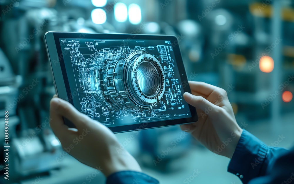 Poster factory digitalization engineers with tablet viewing 3d model of clean green energy engine in advanc
