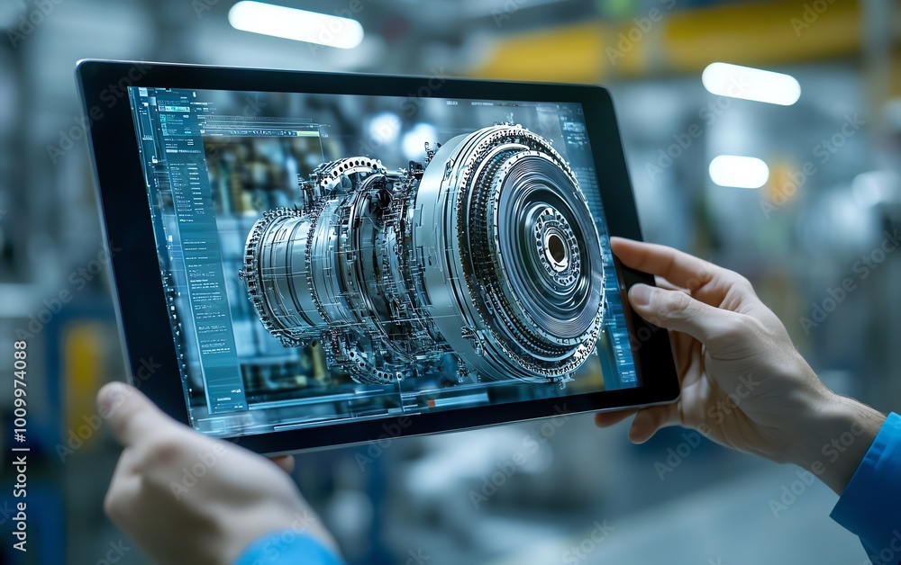 Poster factory digitalization engineers with tablet viewing 3d model of clean green energy engine in advanc