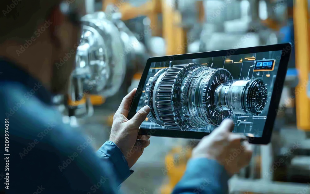 Poster factory digitalization engineers with tablet viewing 3d model of clean green energy engine in advanc