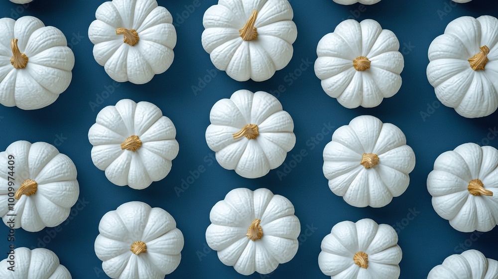 Canvas Prints   A cluster of pure pumpkins rests on a blue counter, surrounded by similar white pumpkins on another blue surface