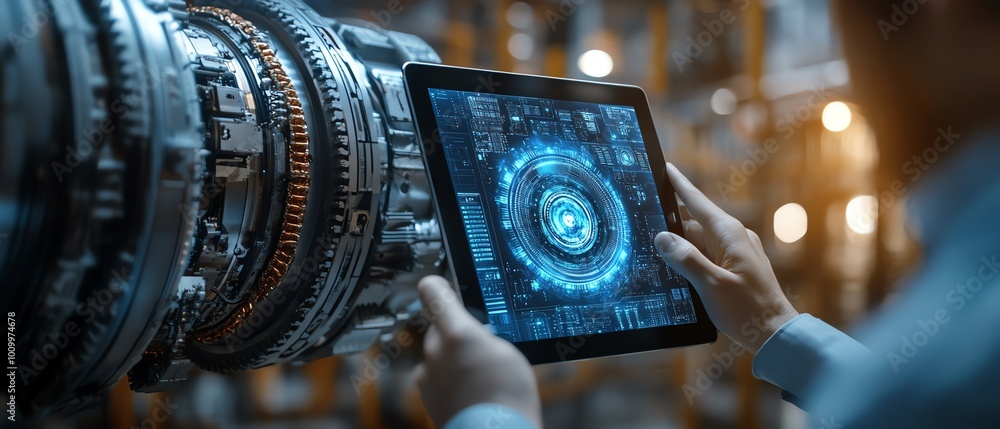 Poster HighTech Electronics Facility Two Engineers Using Tablet to Visualize 3D Model of Clean Green Energy Engine, Factory Digitalization