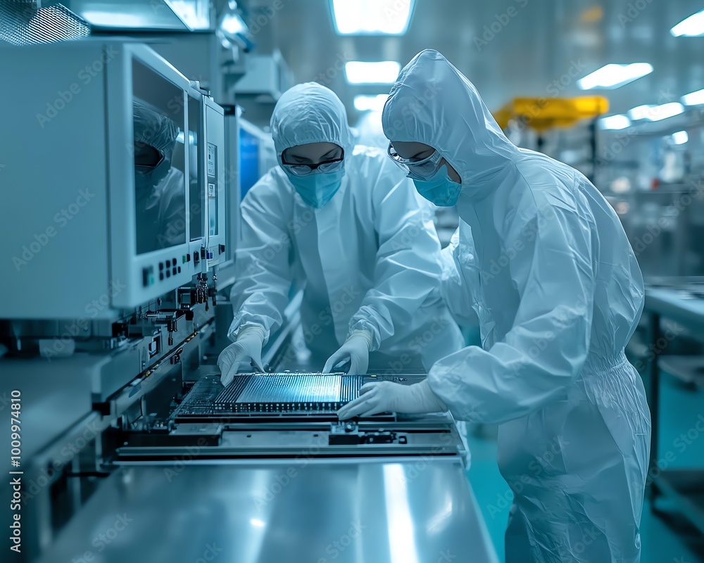 Aufkleber hightech semiconductor production two technicians in sterile suits with silicon wafer, electronics f