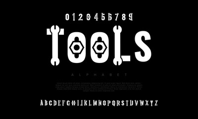 Obraz premium Tools creative modern geometric urban alphabet font. Digital abstract futuristic, game, techno, robot, music, logo, sport, minimal technology typography. Simple numeric vector illustration