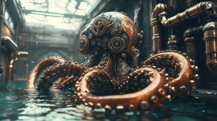 A Steampunk Octopus in a Watery Industrial Setting