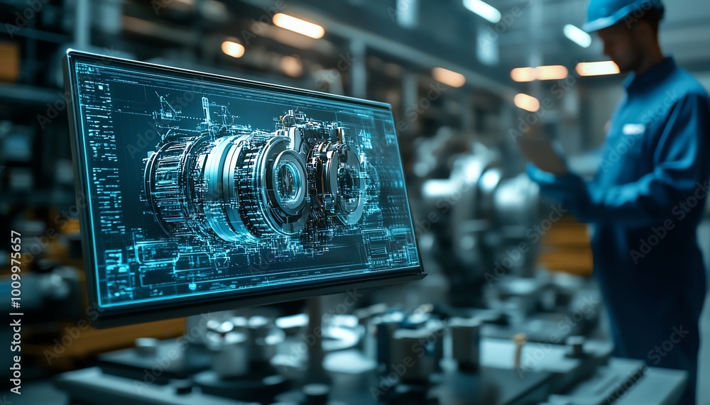 Poster industrial engineers in electronics facility tablet computer visualization of 3d clean green energy 