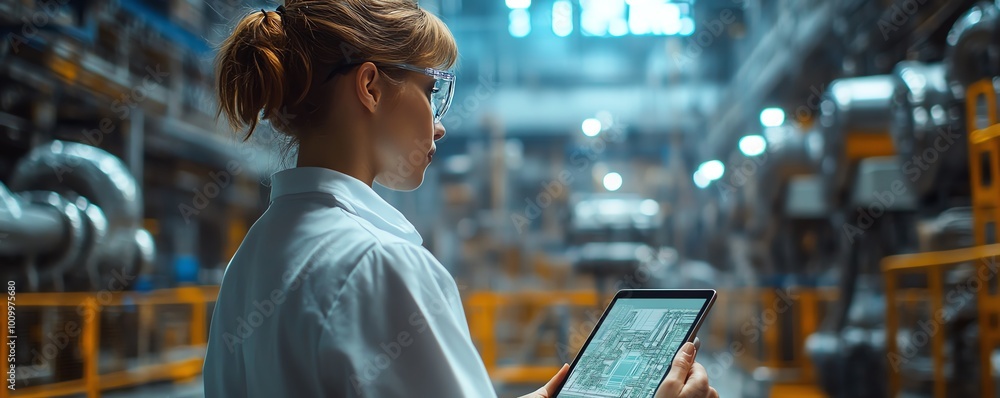 Poster Industrial Engineers in HighTech Factory Using Tablet to View 3D Model of Clean Green Energy Engine, Industry 40 Electronics Facility