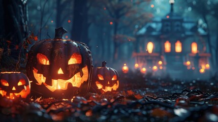 Several glowing jack-o'-lanterns light up a path through a dark, eerie forest leading to a distant haunted house, creating a spooky Halloween evening atmosphere.