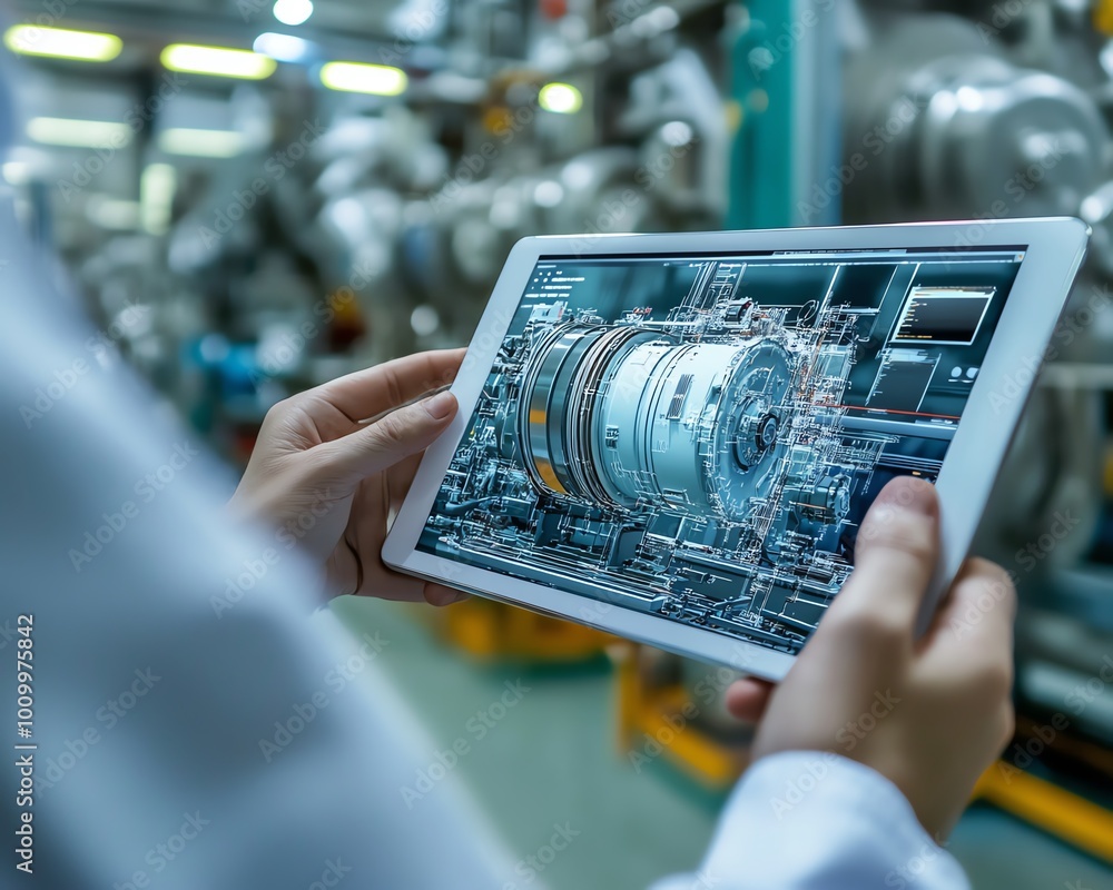 Poster industry 40 electronics facility engineers using tablet to view 3d model of clean green energy engin