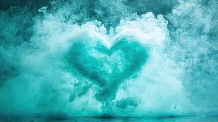 Fototapeta premium A heart-shaped cloud stands out amidst the blue and green haze, while a person glides on a skateboard in the foreground