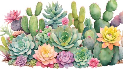 abstract watercolor vector style illustration background featuring a variety of cactuses and succulents arranged in a lush, vibrant display