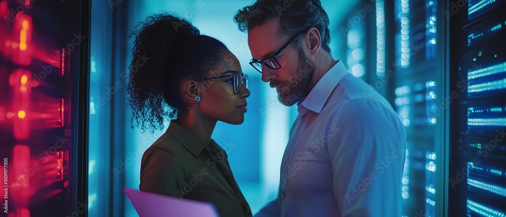 Aufkleber multiethnic female system administrator and caucasian male it engineer discussing and brainstorming 