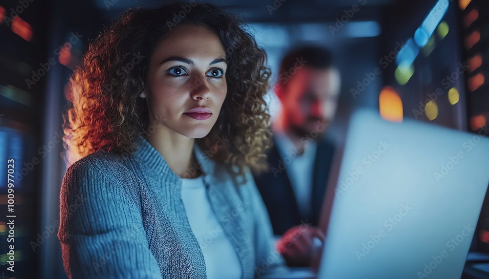 Poster multiethnic female and caucasian male it professionals discussing and brainstorming with laptop in h