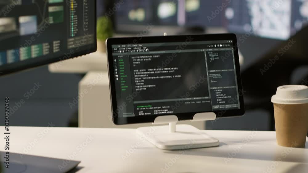 Poster programming language on digital device screen in empty it department office used for app development