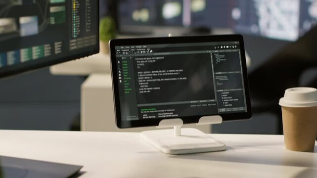Programming language on digital device screen in empty IT department office used for app development. Close up of tablet left open on desk in tech startup company workspace with nobody in