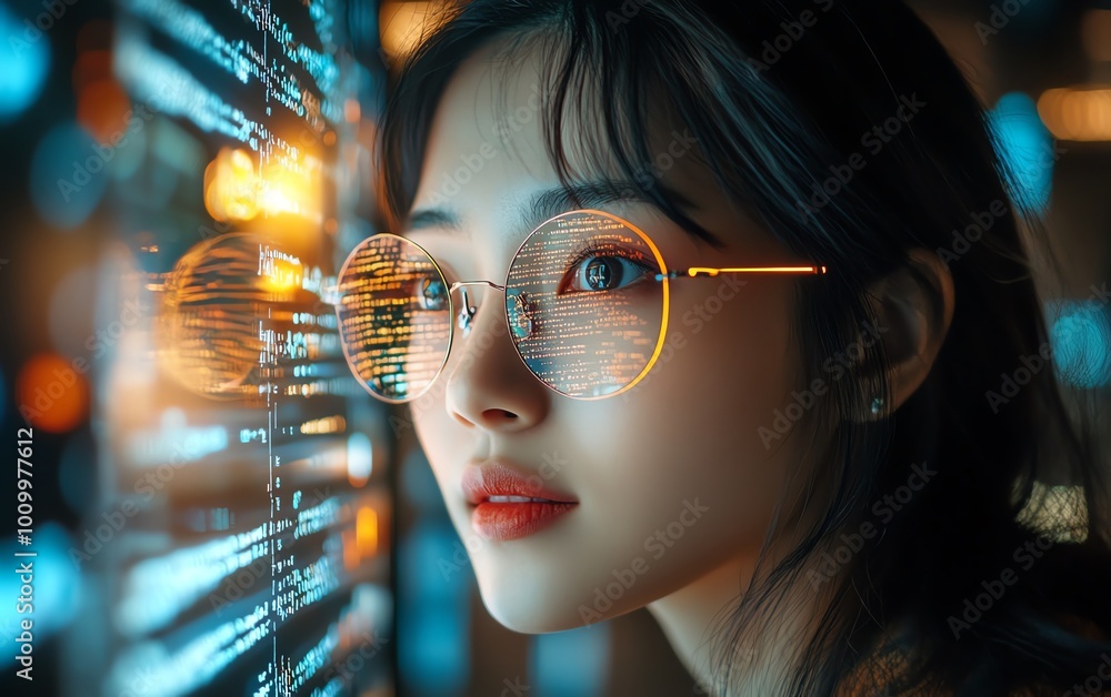 Poster Portrait of Asian Female Digital Innovator Working on Computer, Code Lines Reflected on Face, Creating AIDriven eCommerce App with Big Data