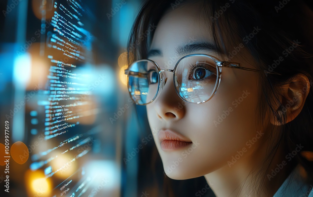 Poster Portrait of Asian Female Digital Innovator Working on Computer, Code Lines Reflected on Face, Creating AIDriven eCommerce App with Big Data